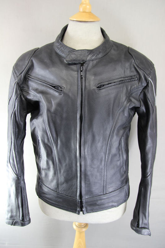 WHITE WINGS BLACK LEATHER BIKER JACKET WITH REMOVABLE BACK PROTECTOR 40 INCH/MED