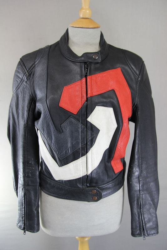 VINTAGE BLACK, RED, SILVER & WHITE LEATHER LADIES BIKER JACKET 34-36 IN/SIZE 12