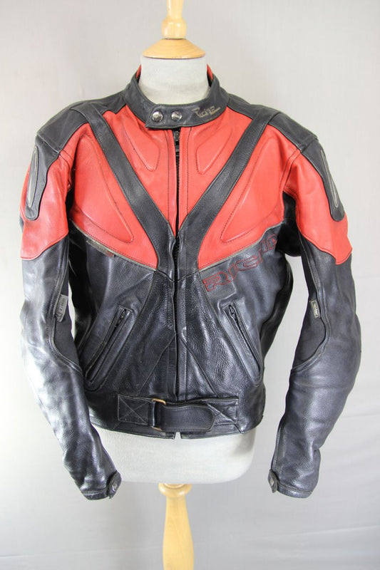 RICHA BLACK, RED & SILVER LEATHER BIKER JACKET WITH REMOVABLE CE ARMOUR: 40 INCH