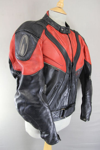 RICHA BLACK, RED & SILVER LEATHER BIKER JACKET WITH REMOVABLE CE ARMOUR: 40 INCH
