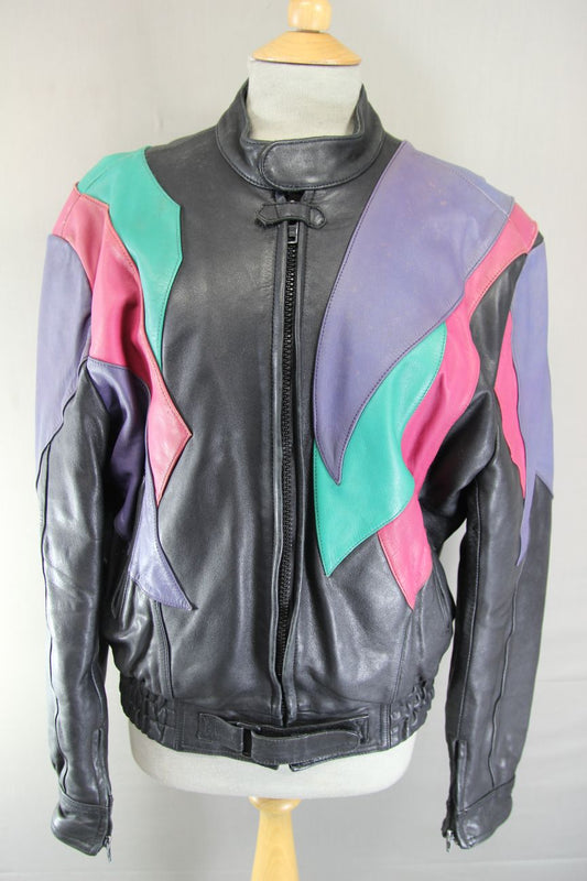 VINTAGE BLACK, LILAC, PINK & TURQUOISE LEATHER BIKER JACKET 42 INCH CHEST