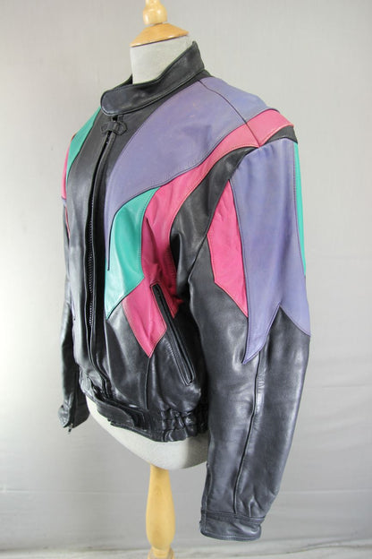 VINTAGE BLACK, LILAC, PINK & TURQUOISE LEATHER BIKER JACKET 42 INCH CHEST
