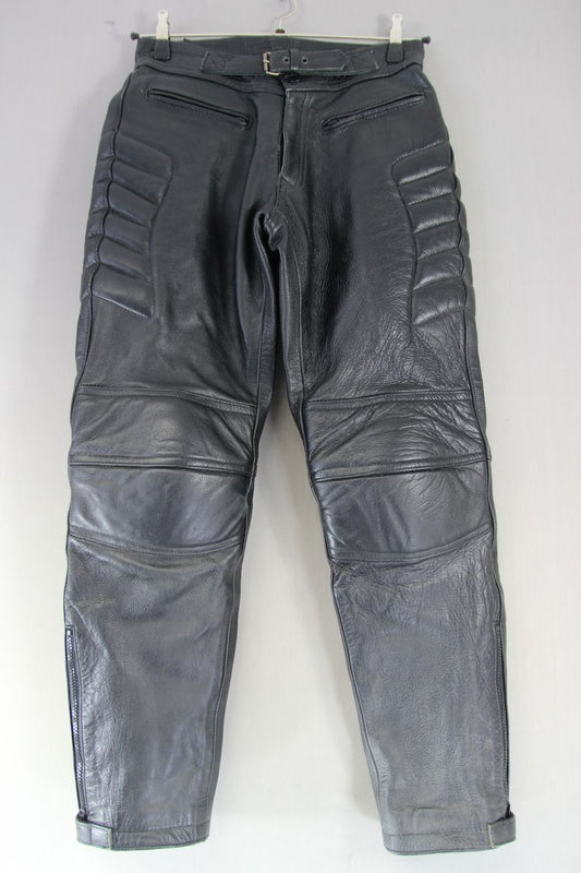 SKINTAN BLACK LEATHER BIKER TROUSERS WITH CE ARMOUR WAIST 30 IN/INSIDE LEG 29 IN