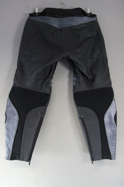 DUCHINNI BLACK & SILVER LEATHER BIKER TROUSERS: WAIST 34-36 IN/INSIDE LEG 30 IN