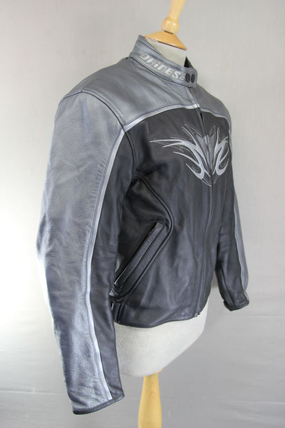 DAINESE LADIES BLACK & SILVER LEATHER BIKER JACKET + ARMOUR/THERMAL LINING 38 IN