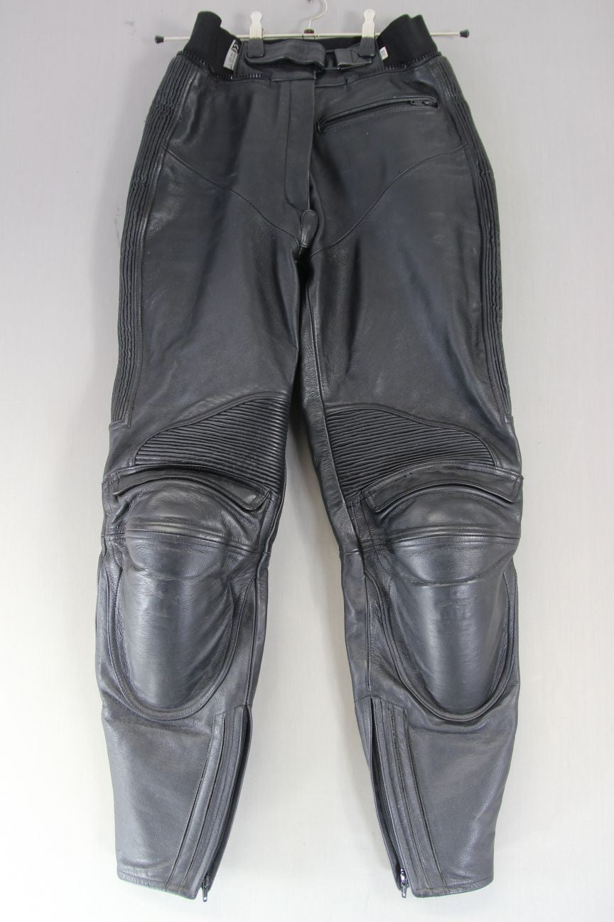 IXS BLACK LEATHER BIKER TROUSERS WITH CE ARMOUR SIZE 12 WAIST 28"/INSIDE LEG 30"