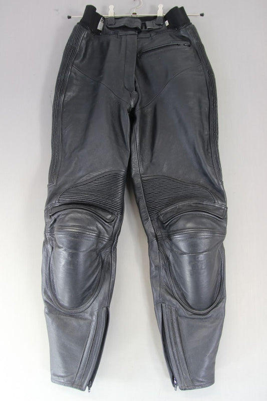 IXS BLACK LEATHER BIKER TROUSERS WITH CE ARMOUR SIZE 12 WAIST 28"/INSIDE LEG 30"