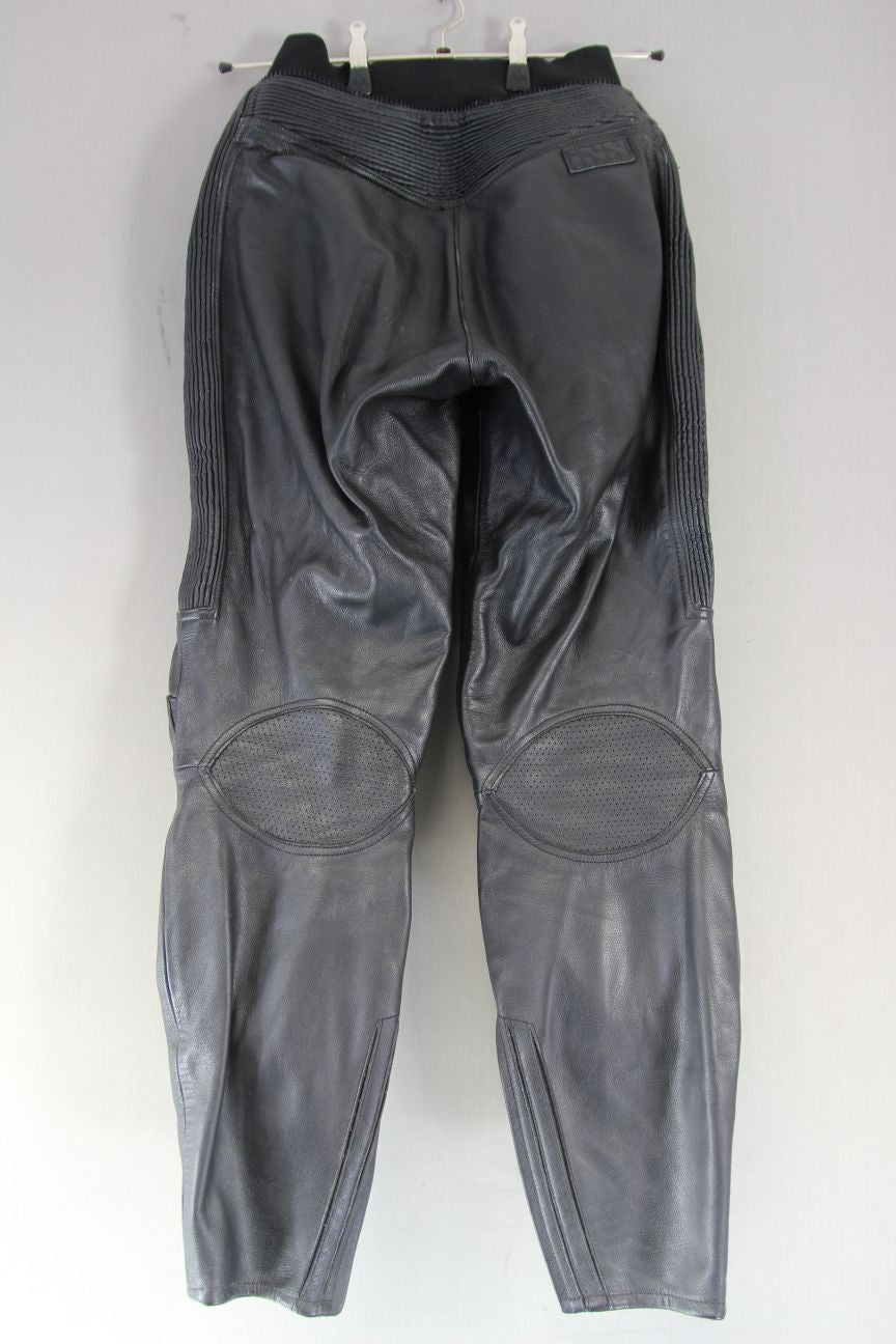 IXS BLACK LEATHER BIKER TROUSERS WITH CE ARMOUR SIZE 12 WAIST 28"/INSIDE LEG 30"