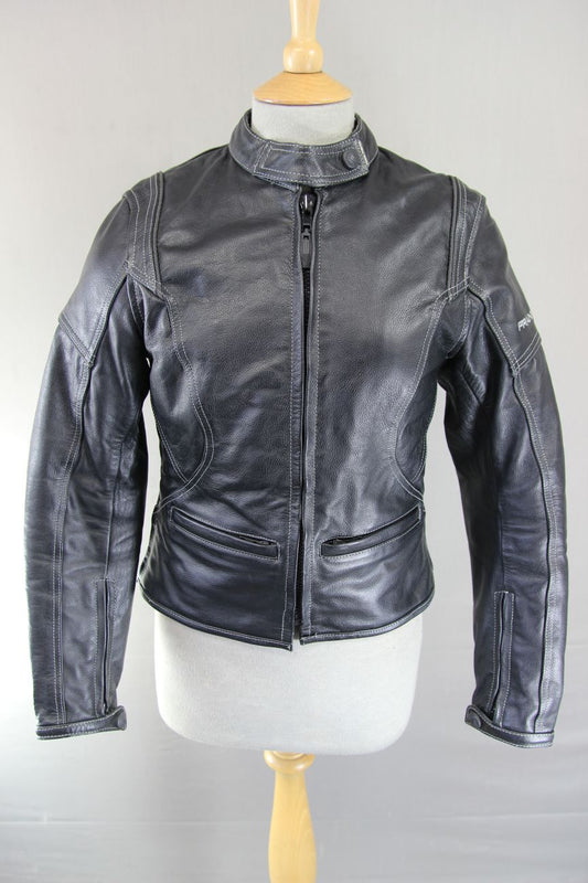FRANK THOMAS LADY RIDER BLACK LEATHER BIKER JCKT + ARMOUR/THERMAL LINING SIZE 10