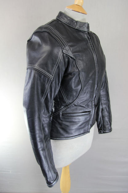 FRANK THOMAS LADY RIDER BLACK LEATHER BIKER JCKT + ARMOUR/THERMAL LINING SIZE 10