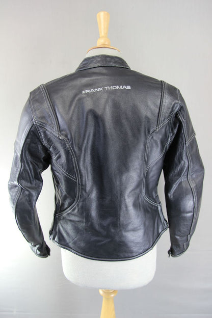 FRANK THOMAS LADY RIDER BLACK LEATHER BIKER JCKT + ARMOUR/THERMAL LINING SIZE 10