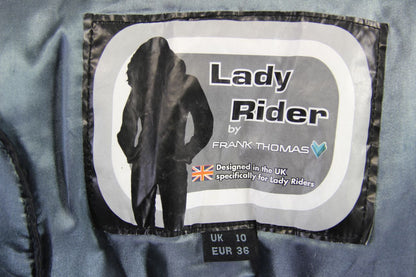 FRANK THOMAS LADY RIDER BLACK LEATHER BIKER JCKT + ARMOUR/THERMAL LINING SIZE 10
