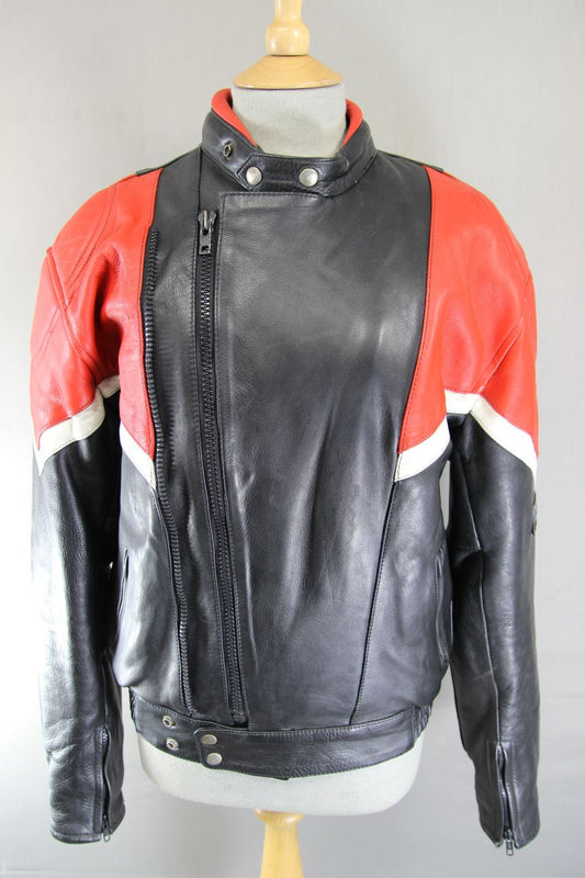 VINTAGE BLACK, RED & WHITE LEATHER SPORTEX IMOLA CLASSIC BIKER JACKET 38 INCH