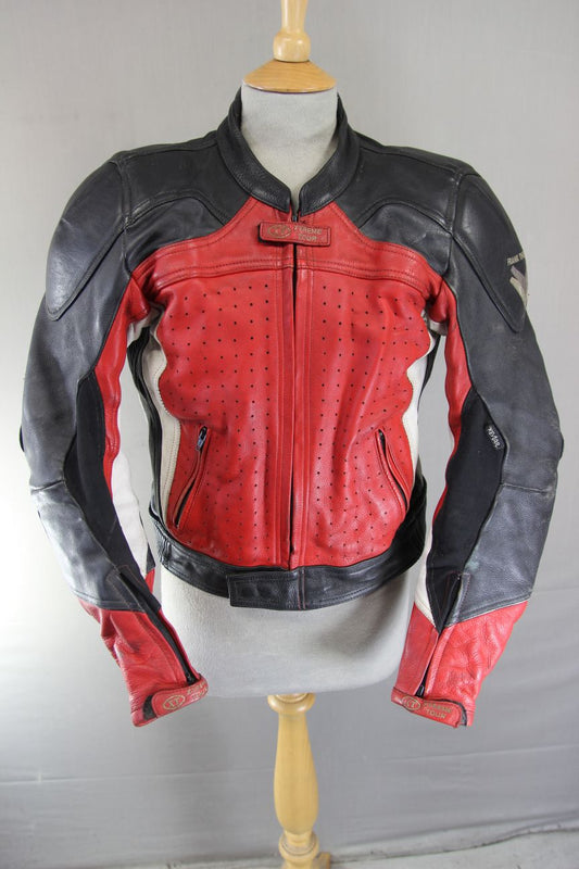 FRANK THOMAS XTREME TOUR RED & SILVER HIDE LEATHER BIKER JACKET + CE ARMOUR 36IN