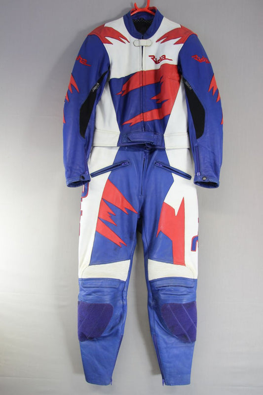 LADIES RICHA 2 PIECE BLUE, WHITE & RED LEATHER BIKER SUIT WITH CE ARMOUR SIZE 12