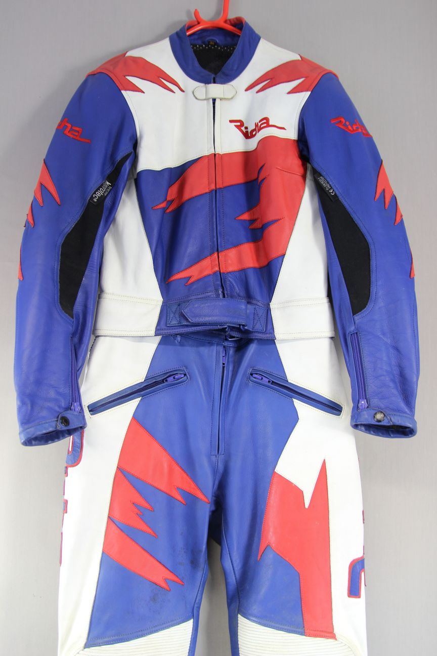 LADIES RICHA 2 PIECE BLUE, WHITE & RED LEATHER BIKER SUIT WITH CE ARMOUR SIZE 12