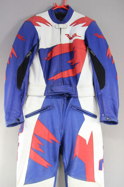 LADIES RICHA 2 PIECE BLUE, WHITE & RED LEATHER BIKER SUIT WITH CE ARMOUR SIZE 12