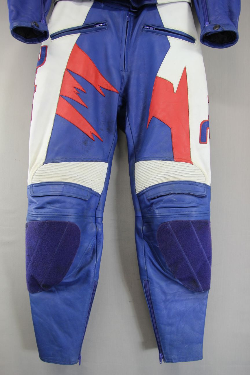 LADIES RICHA 2 PIECE BLUE, WHITE & RED LEATHER BIKER SUIT WITH CE ARMOUR SIZE 12