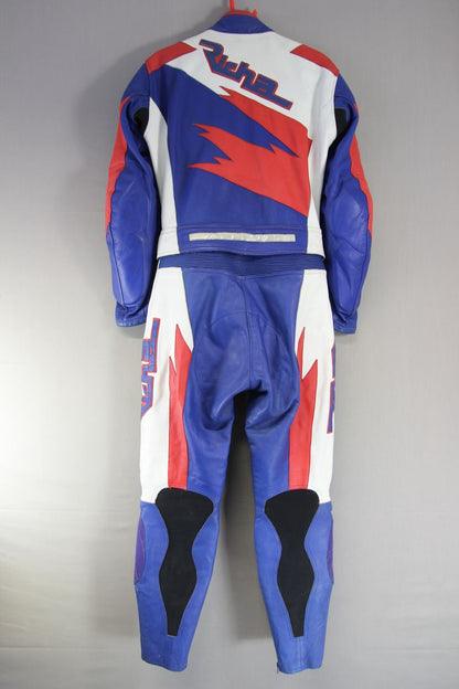 LADIES RICHA 2 PIECE BLUE, WHITE & RED LEATHER BIKER SUIT WITH CE ARMOUR SIZE 12
