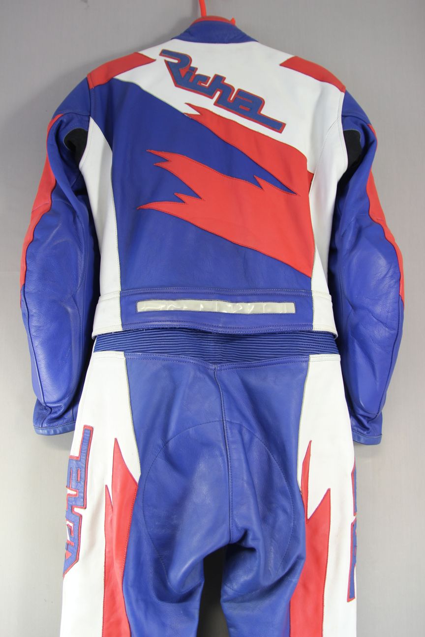 LADIES RICHA 2 PIECE BLUE, WHITE & RED LEATHER BIKER SUIT WITH CE ARMOUR SIZE 12