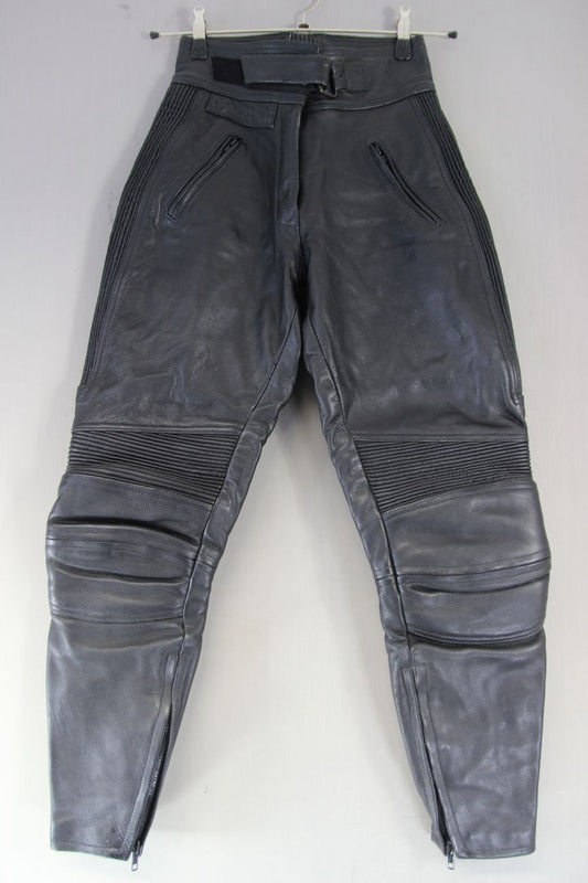 BELSTAFF BLACK LEATHER BIKER TROUSERS SIZE 12: WAIST 26-28 IN/INSIDE LEG 28 IN