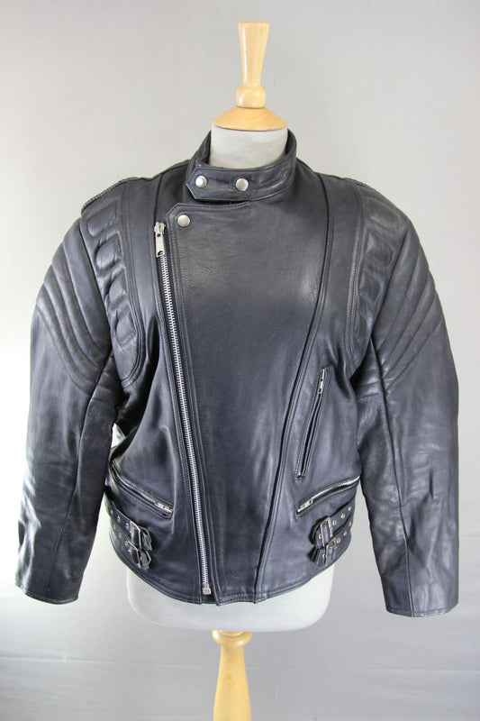 CLASSIC AMI INTERNATIONAL BLACK LEATHER BIKER JACKET 36-38 INCH
