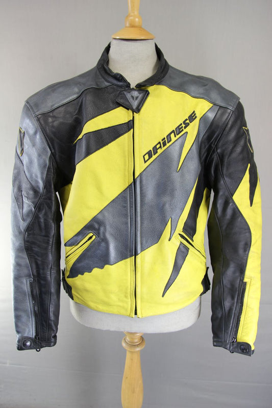 DAINESE SPORT SILVER, YELLOW & BLACK LEATHER BIKER JACKET WITH CE ARMOUR 42 INCH
