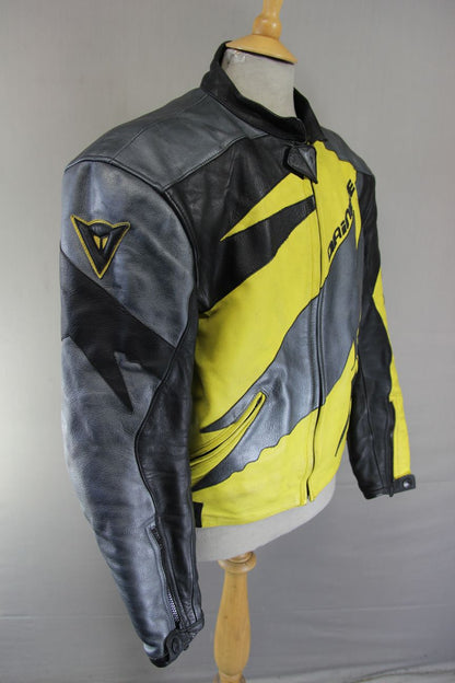 DAINESE SPORT SILVER, YELLOW & BLACK LEATHER BIKER JACKET WITH CE ARMOUR 42 INCH