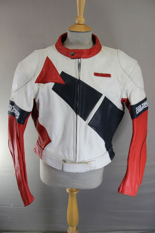 VINTAGE FIELDSHEER BRITISH DESIGNED WHITE, RED & BLACK LEATHER BIKER JACKET 42IN