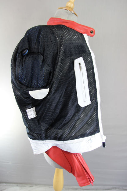 VINTAGE FIELDSHEER BRITISH DESIGNED WHITE, RED & BLACK LEATHER BIKER JACKET 42IN