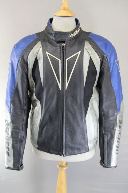 DAINESE BLACK, SILVER & BLUE LEATHER BIKER JCKT + SHOULDER & ELBOW CE ARMOUR 42"