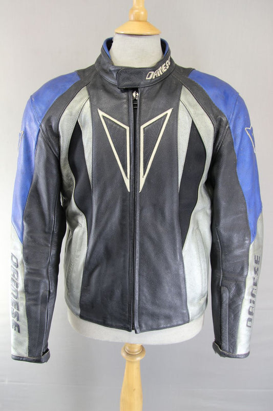 DAINESE BLACK, SILVER & BLUE LEATHER BIKER JCKT + SHOULDER & ELBOW CE ARMOUR 42"