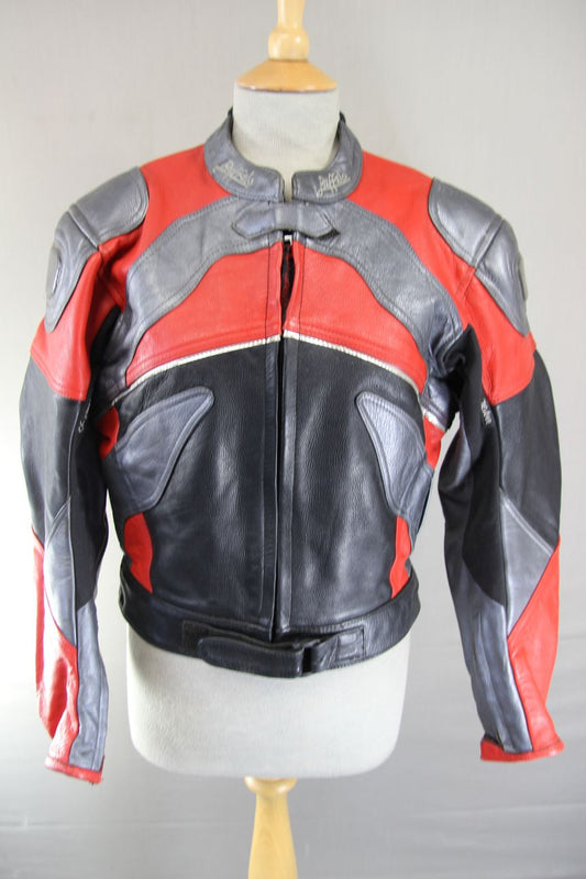 BUFFALO BLACK, RED & SILVER LEATHER BIKER JACKET: SIZE 16/36-38 INCH CHEST