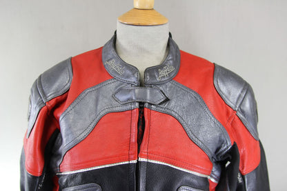 BUFFALO BLACK, RED & SILVER LEATHER BIKER JACKET: SIZE 16/36-38 INCH CHEST