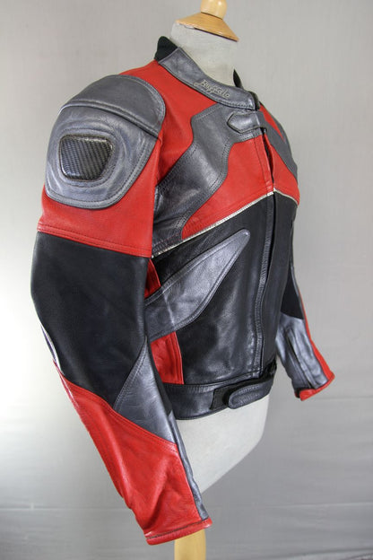 BUFFALO BLACK, RED & SILVER LEATHER BIKER JACKET: SIZE 16/36-38 INCH CHEST
