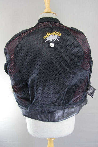BUFFALO BLACK, RED & SILVER LEATHER BIKER JACKET: SIZE 16/36-38 INCH CHEST