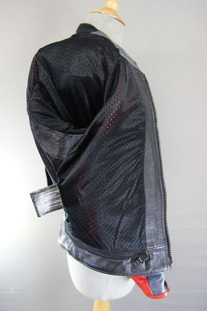 BUFFALO BLACK, RED & SILVER LEATHER BIKER JACKET: SIZE 16/36-38 INCH CHEST