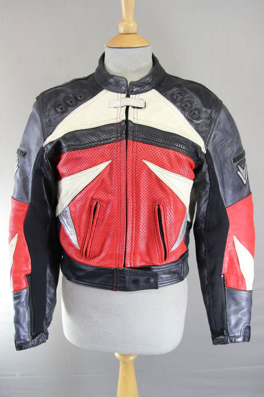FRANK THOMAS BLACK, RED, SILVER & CREAM LEATHER BIKER JACKET + CE ARMOUR SIZE 12