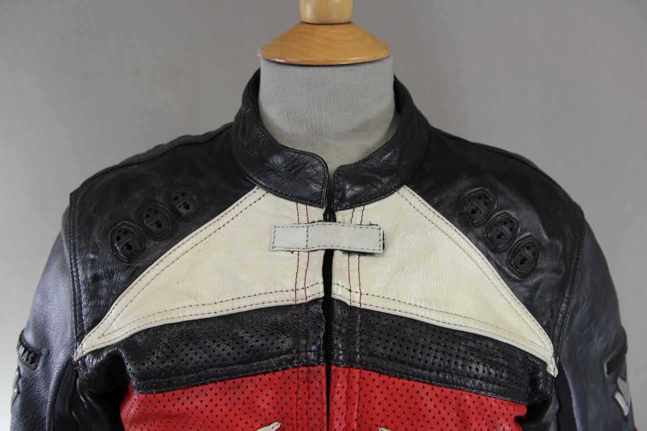 FRANK THOMAS BLACK, RED, SILVER & CREAM LEATHER BIKER JACKET + CE ARMOUR SIZE 12