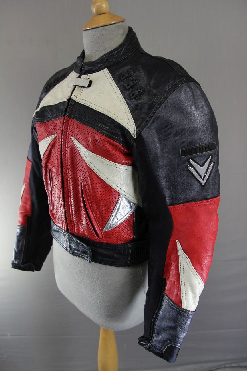 FRANK THOMAS BLACK, RED, SILVER & CREAM LEATHER BIKER JACKET + CE ARMOUR SIZE 12