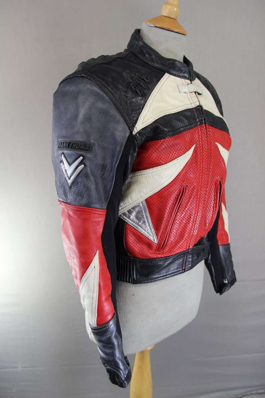 FRANK THOMAS BLACK, RED, SILVER & CREAM LEATHER BIKER JACKET + CE ARMOUR SIZE 12