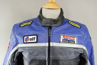 BOYS/CHILDS ROUTE69 BLACK, BLUE & SILVER LEATHER SPORTS/RACING BIKER JKT 36"/XXL