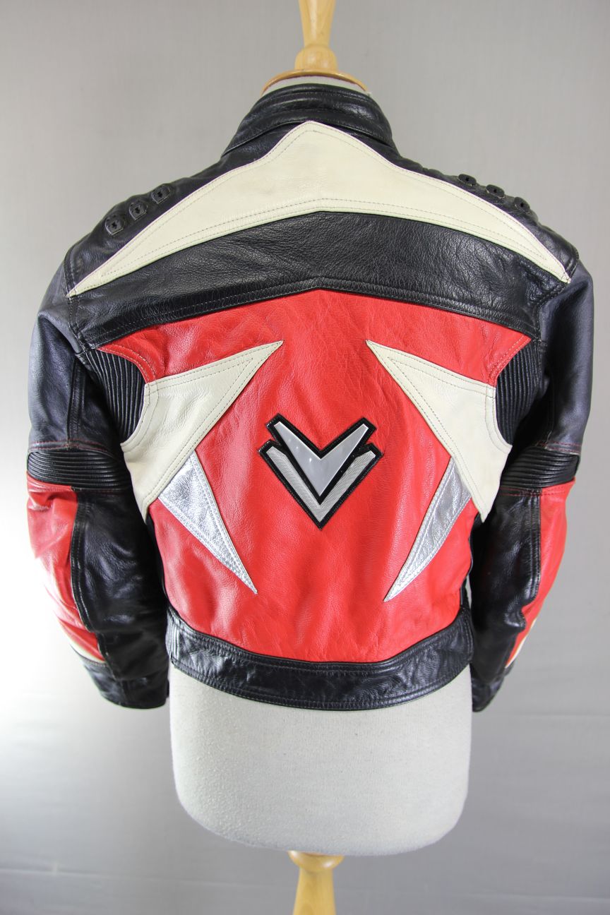 FRANK THOMAS BLACK, RED, SILVER & CREAM LEATHER BIKER JACKET + CE ARMOUR SIZE 12