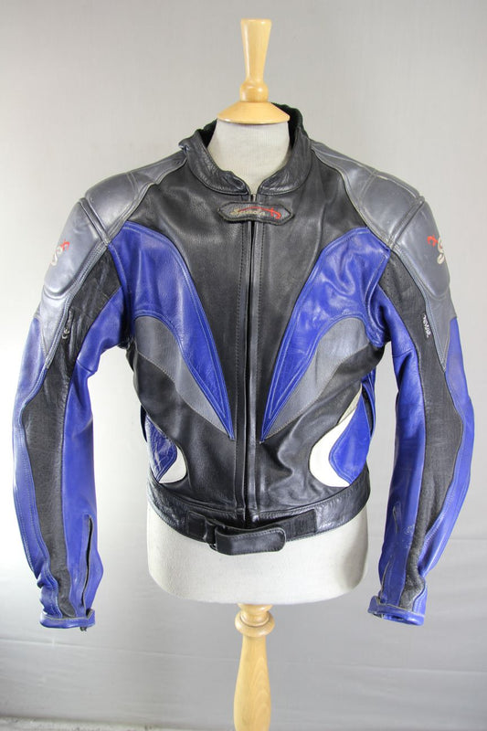 SPADA BLACK, BLUE & SILVER LEATHER BIKER JACKET WITH CE ARMOUR 40 INCH