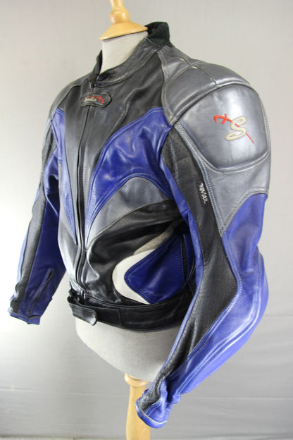 SPADA BLACK, BLUE & SILVER LEATHER BIKER JACKET WITH CE ARMOUR 40 INCH