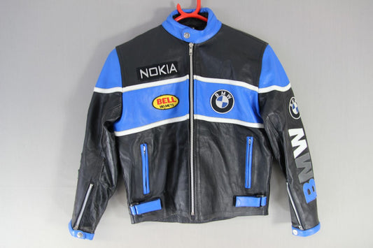 BOY'S/CHILD'S 'BMW' BLACK, BLUE & WHITE NORFOLK LEATHER CENTER BIKER JACKET 34IN