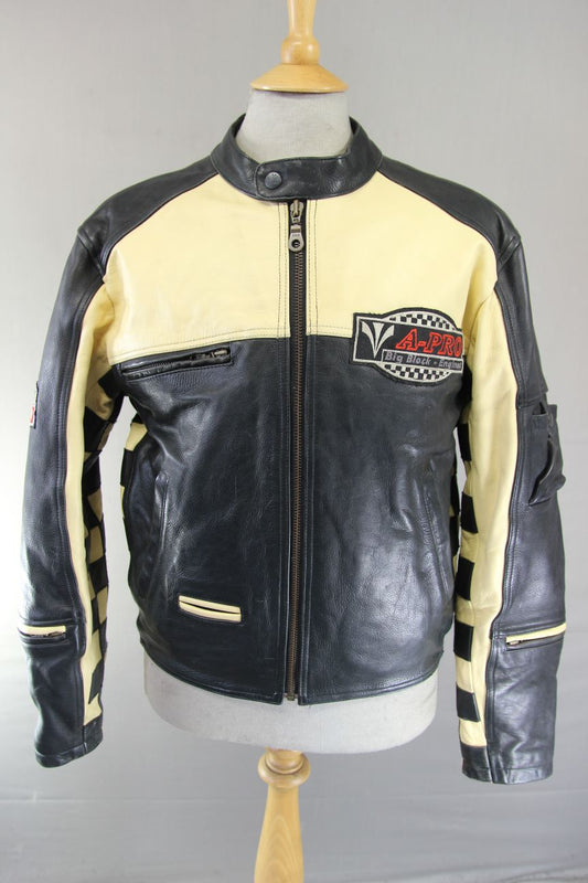 AMERICAN PRO BLACK & CREAM LEATHER BIKER JACKET WITH CE ARMOUR 42 INCH/LARGE