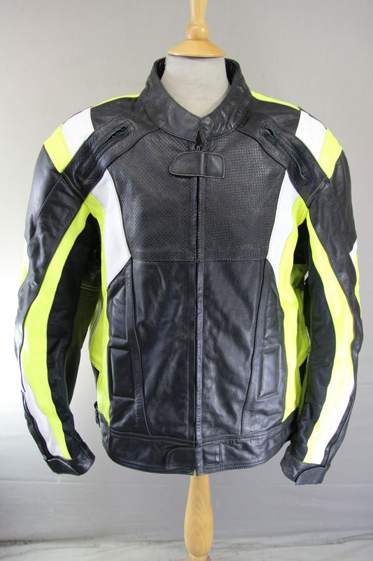 TEXPEED BLACK, GREEN & WHITE LEATHER BIKER JACKET WITH CE ARMOUR 50-52 INCH/5XL