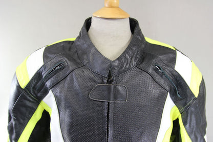 TEXPEED BLACK, GREEN & WHITE LEATHER BIKER JACKET WITH CE ARMOUR 50-52 INCH/5XL