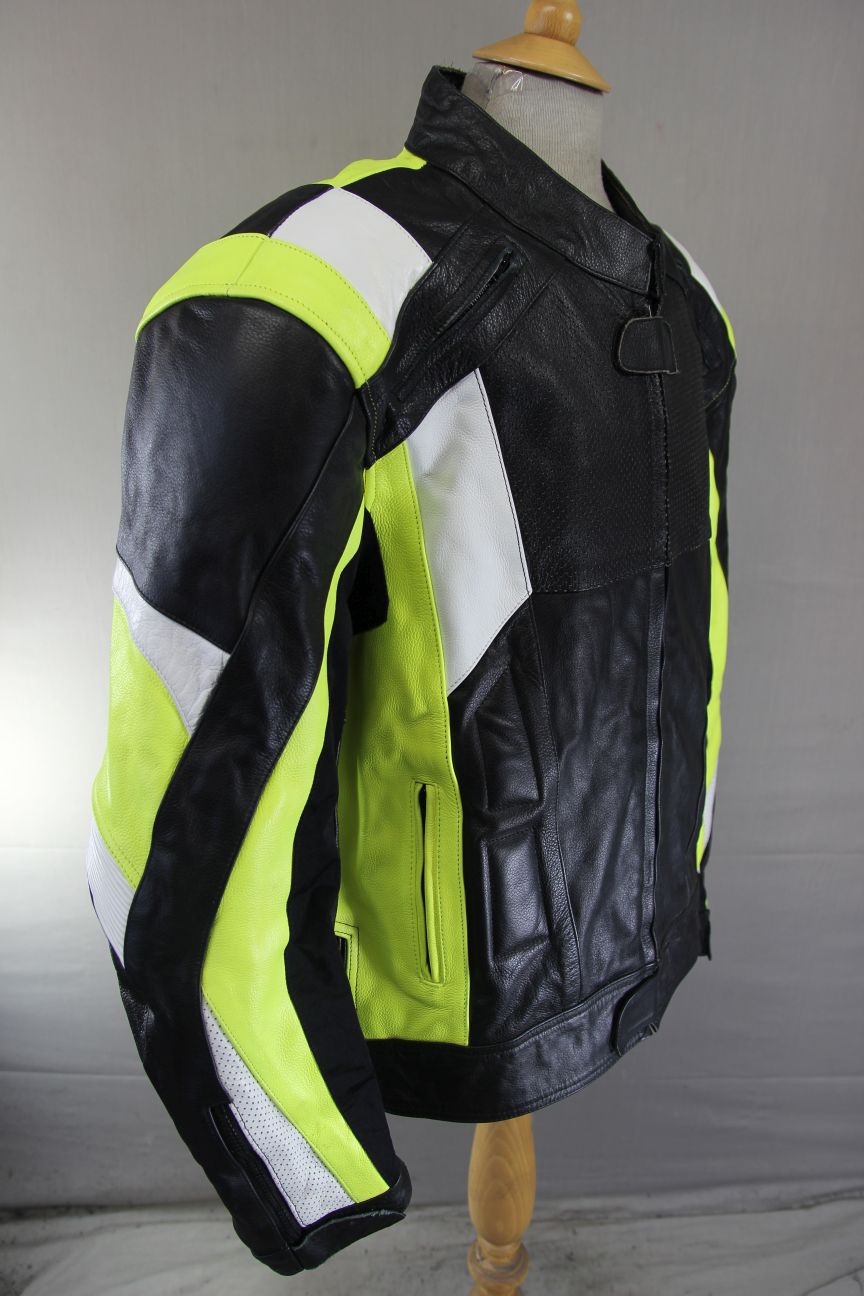 TEXPEED BLACK, GREEN & WHITE LEATHER BIKER JACKET WITH CE ARMOUR 50-52 INCH/5XL